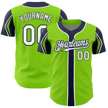 Load image into Gallery viewer, Custom Neon Green White-Navy 3 Colors Arm Shapes Authentic Baseball Jersey