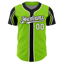 Load image into Gallery viewer, Custom Neon Green White-Black 3 Colors Arm Shapes Authentic Baseball Jersey