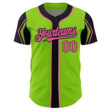 Load image into Gallery viewer, Custom Neon Green Pink-Black 3 Colors Arm Shapes Authentic Baseball Jersey