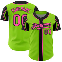 Load image into Gallery viewer, Custom Neon Green Pink-Black 3 Colors Arm Shapes Authentic Baseball Jersey