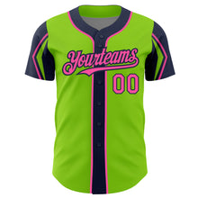 Load image into Gallery viewer, Custom Neon Green Pink-Navy 3 Colors Arm Shapes Authentic Baseball Jersey