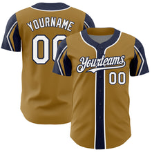 Load image into Gallery viewer, Custom Old Gold White-Navy 3 Colors Arm Shapes Authentic Baseball Jersey