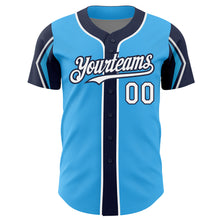 Load image into Gallery viewer, Custom Sky Blue White-Navy 3 Colors Arm Shapes Authentic Baseball Jersey