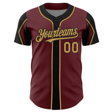 Load image into Gallery viewer, Custom Burgundy Old Gold-Black 3 Colors Arm Shapes Authentic Baseball Jersey