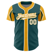 Load image into Gallery viewer, Custom Midnight Green White-Gold 3 Colors Arm Shapes Authentic Baseball Jersey