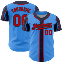 Load image into Gallery viewer, Custom Electric Blue Red-Navy 3 Colors Arm Shapes Authentic Baseball Jersey