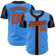 Load image into Gallery viewer, Custom Electric Blue Orange-Black 3 Colors Arm Shapes Authentic Baseball Jersey