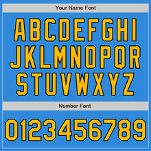 Load image into Gallery viewer, Custom Electric Blue Gold-Black 3 Colors Arm Shapes Authentic Baseball Jersey