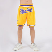 Load image into Gallery viewer, Custom Gold Purple-White Authentic Throwback Basketball Shorts
