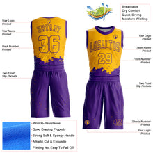 Load image into Gallery viewer, Custom Gold Purple Color Splash Round Neck Sublimation Basketball Suit Jersey