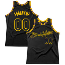 Load image into Gallery viewer, Custom Black Black Gold-Purple Authentic Throwback Basketball Jersey