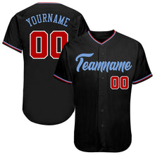 Load image into Gallery viewer, Custom Black Red-Light Blue Authentic Baseball Jersey