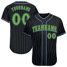 Load image into Gallery viewer, Custom Black Light Blue Pinstripe Neon Green Authentic Baseball Jersey