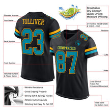 Load image into Gallery viewer, Custom Black Teal-Gold Mesh Authentic Football Jersey