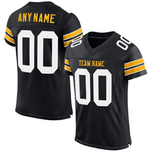 Load image into Gallery viewer, Custom Black White-Gold Mesh Authentic Football Jersey