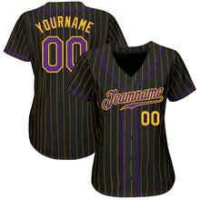 Load image into Gallery viewer, Custom Black Gold Pinstripe Purple-Gold Authentic Baseball Jersey