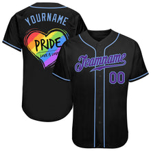 Load image into Gallery viewer, Custom Black Purple-Light Blue Rainbow Colored Heart For Pride Love Is Love LGBT Authentic Baseball Jersey