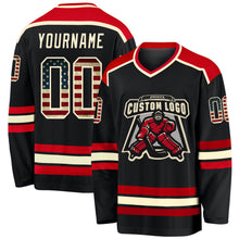 Load image into Gallery viewer, Custom Black Vintage USA Flag Cream-Red Hockey Jersey
