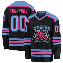 Load image into Gallery viewer, Custom Black Light Blue-Pink Hockey Jersey