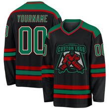 Load image into Gallery viewer, Custom Black Kelly Green White-Red Hockey Jersey