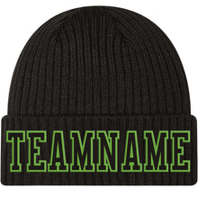 Load image into Gallery viewer, Custom Black Black-Neon Green Stitched Cuffed Knit Hat