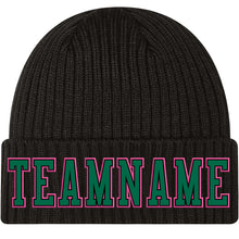 Load image into Gallery viewer, Custom Black Kelly Green-Pink Stitched Cuffed Knit Hat