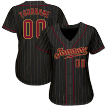 Load image into Gallery viewer, Custom Black Old Gold Pinstripe Crimson-Old Gold Authentic Baseball Jersey