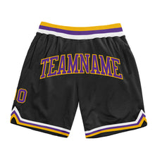 Load image into Gallery viewer, Custom Black Purple-Gold Authentic Throwback Basketball Shorts