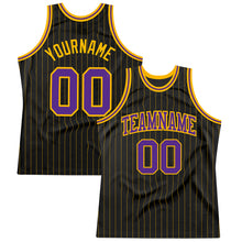 Load image into Gallery viewer, Custom Black Gold Pinstripe Purple-Gold Authentic Basketball Jersey