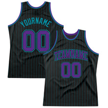 Load image into Gallery viewer, Custom Black Teal Pinstripe Purple-Teal Authentic Basketball Jersey