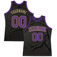 Load image into Gallery viewer, Custom Black Old Gold Pinstripe Purple-Old Gold Authentic Basketball Jersey