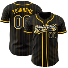 Load image into Gallery viewer, Custom Black Gold Pinstripe Black-White Authentic Baseball Jersey