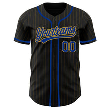 Load image into Gallery viewer, Custom Black Old Gold Pinstripe Royal Authentic Baseball Jersey