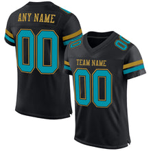 Load image into Gallery viewer, Custom Black Teal-Old Gold Mesh Authentic Football Jersey