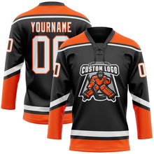 Load image into Gallery viewer, Custom Black White-Orange Hockey Lace Neck Jersey