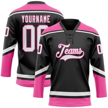 Load image into Gallery viewer, Custom Black White-Pink Hockey Lace Neck Jersey