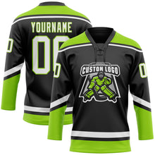Load image into Gallery viewer, Custom Black White-Neon Green Hockey Lace Neck Jersey