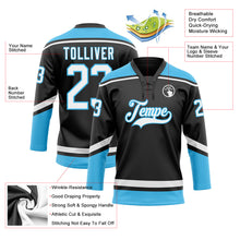 Load image into Gallery viewer, Custom Black White-Sky Blue Hockey Lace Neck Jersey