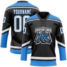 Load image into Gallery viewer, Custom Black White-Powder Blue Hockey Lace Neck Jersey