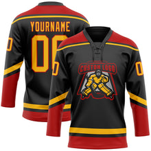 Load image into Gallery viewer, Custom Black Gold-Red Hockey Lace Neck Jersey
