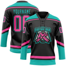 Load image into Gallery viewer, Custom Black Pink-Aqua Hockey Lace Neck Jersey