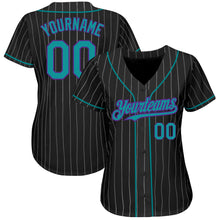 Load image into Gallery viewer, Custom Black White Pinstripe Teal-Purple Authentic Baseball Jersey