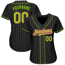 Load image into Gallery viewer, Custom Black White Pinstripe Neon Green-Pink Authentic Baseball Jersey