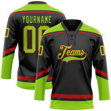 Load image into Gallery viewer, Custom Black Neon Green-Red Hockey Lace Neck Jersey