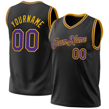 Load image into Gallery viewer, Custom Black Purple-Gold Authentic Throwback Basketball Jersey