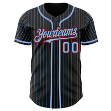 Load image into Gallery viewer, Custom Black Light Blue Pinstripe Red Authentic Baseball Jersey