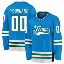 Load image into Gallery viewer, Custom Blue White-Kelly Green Hockey Jersey