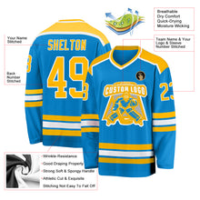 Load image into Gallery viewer, Custom Blue Gold-White Hockey Jersey