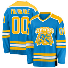 Load image into Gallery viewer, Custom Blue Gold-White Hockey Jersey