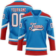 Load image into Gallery viewer, Custom Blue White-Red Hockey Lace Neck Jersey
